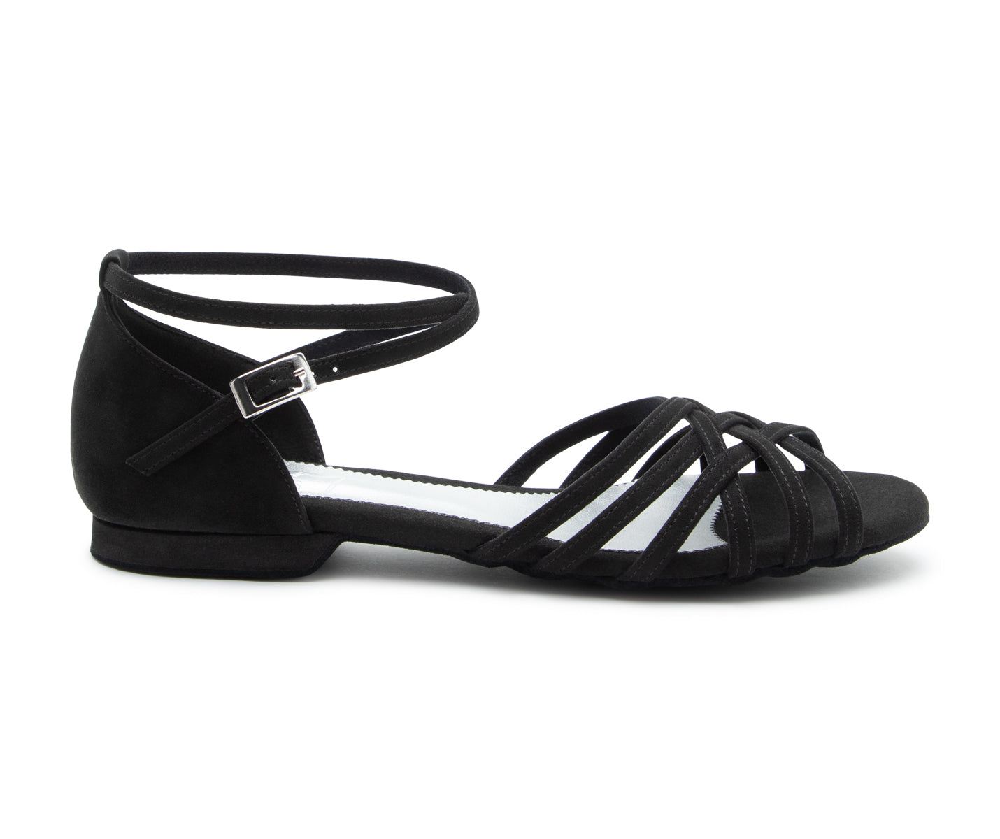 DQ02 flache Tanzschuhe in Schwarz Wildleder von Dancing Queens: Knöchelriemen, mehrere Zehenriemen.